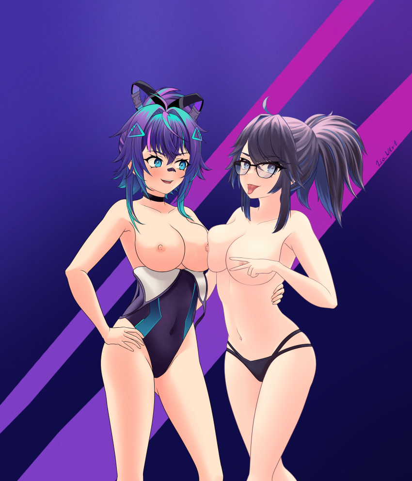 2girls areolae big_breasts bikini blush breasts breasts_out breasts_squish female female_only glasses higher_resolution_duplicate indie_virtual_youtuber kson_onair light-skinned_female light_skin melody_(projektmelody) multiple_girls nipples one-piece_swimsuit open_bikini projektmelody swimsuit tongue tongue_out tongue_piercing virtual_youtuber vshojo