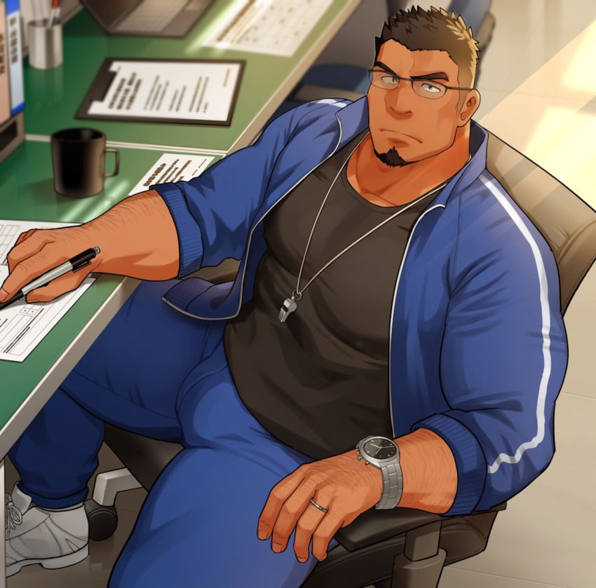 1boy athletic bara biceps big bulge calves clothed coach glasses human hunk inside jock legs male male_only manly muscles pecs safe sakuramaru123 sakuramarusan solo thick thighs wristwatch