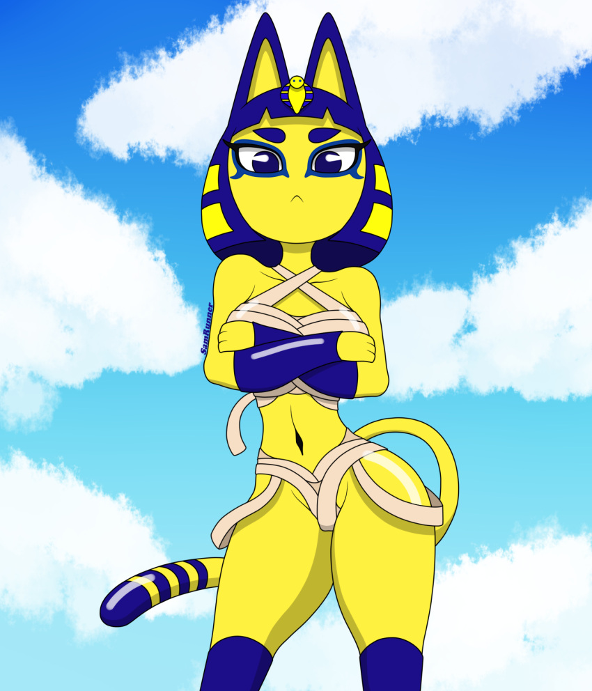 2021 animal_crossing ankha ankha_ride_(minus8) anthro bandage bandages blue_eyes breasts feline female female_focus female_only fur furry furry_breasts furry_only humanoid looking_at_viewer looking_back nintendo presenting samrunner small_waist thick_thighs thighhighs thighs waist yellow_skin