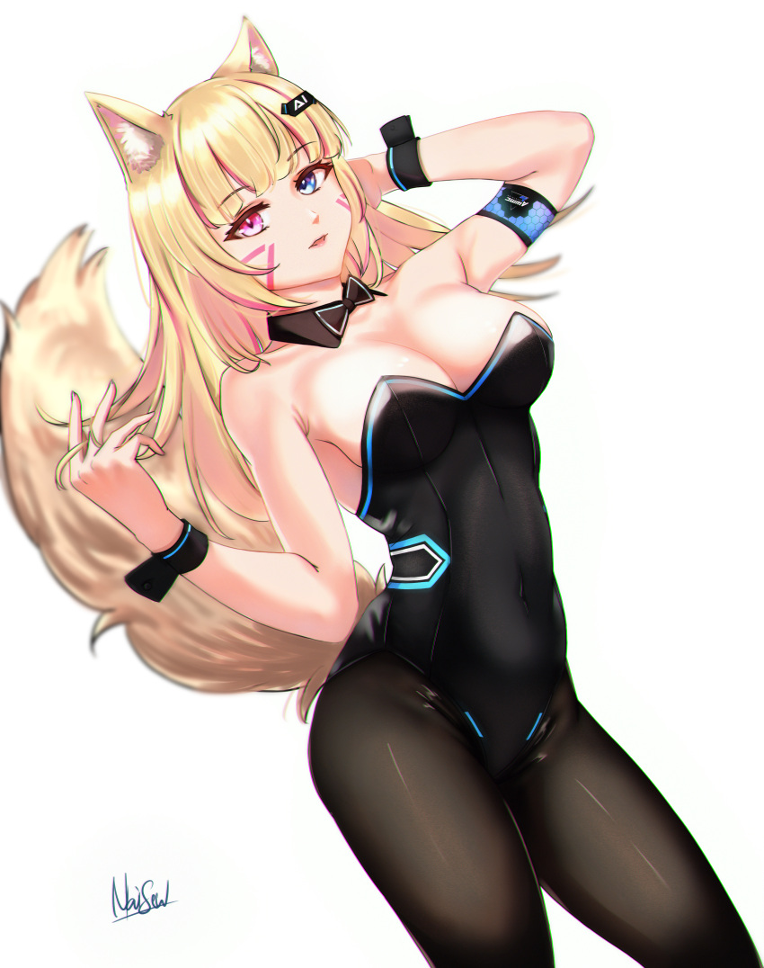 1girls animal_ears big_breasts blonde_hair blue_eyes blush breasts bunny_girl female fluffyfoxmia foxyevoxy fx07 heterochromia highres looking_at_viewer multicolored_hair on_top open_mouth original pink_eyes pink_hair smile solo streaked_hair tail tattoo