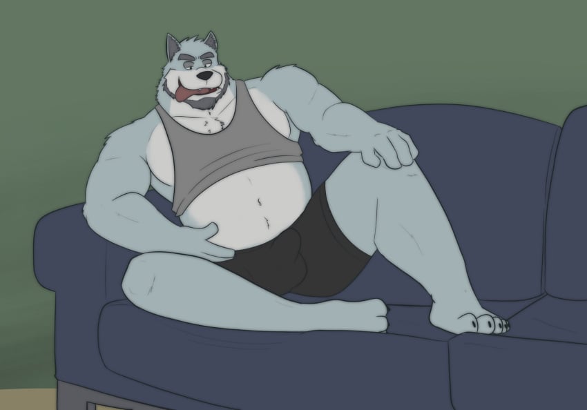 2020 anthro balls_outline beard belly bulge canid canine canis clothing dippubear facial_hair furniture genital_outline hi_res humanoid_hands male mammal musclegut overweight overweight_male penis_outline shirt sitting sofa solo tongue tongue_out topwear underwear wolf