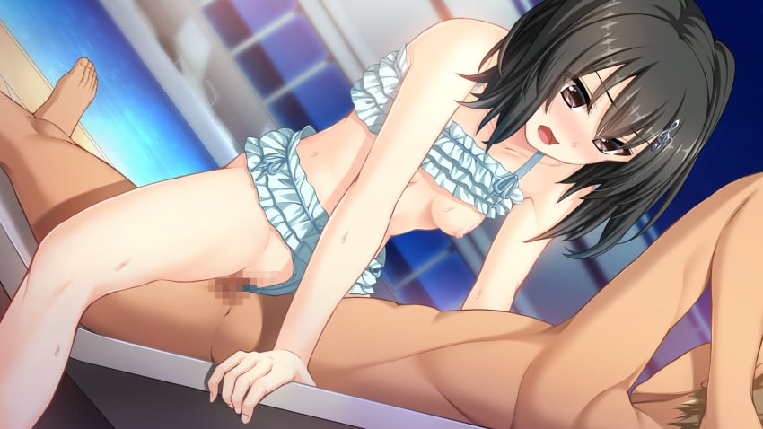 1boy arm_behind_head bangs bikini bikini_aside bikini_lift black_hair blonde_hair blue_sky blurry blurry_background blush breasts brown_eyes censored clothed_female_nude_male clothes_lift clothing_aside collarbone cowgirl_position dutch_angle eyebrows_visible_through_hair female frilled_bikini frills game_cg hair_between_eyes hair_ornament hair_ribbon highres long_hair looking_down lying mosaic_censoring night nipples nude ocean official_art on_back open_mouth otowa_saki penis pool ribbon sex shiny shiny_hair short_hair side_ponytail sky small_breasts sweatdrop swimsuit toriko_no_shizuku_~natsu_no_gouka_kyakusen_de_kegasareru_otome-tachi~ vaginal_penetration white_bikini