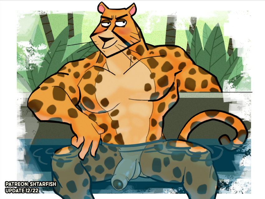 anthro balls black_eyebrows blush cartoon_network cheetah eyebrows felid feline fingers genitals humanoid_genitalia humanoid_penis male mammal mr._cheetah muscular muscular_anthro muscular_male my_gym_partner's_a_monkey nude penis shtarfish solo tail