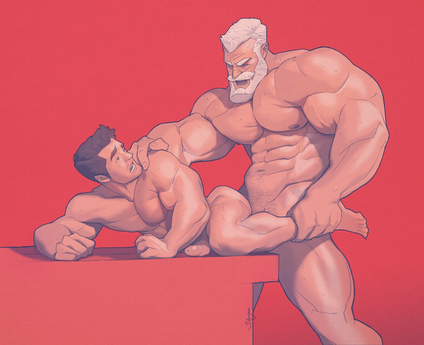 2boys age_difference anal anal_penetration anal_sex bara beard dilf male_only muscle muscles muscular old_man older_male silverjow twitter_user_oc ulric_(silverjow) wei_(silverjow) white_beard white_hair