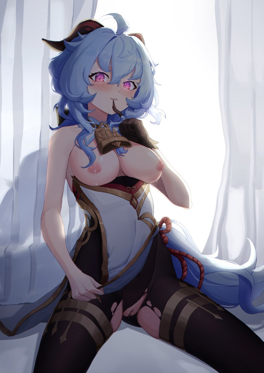 absurdres ahoge aoaoaoao_(baiyanheibing) bangs bell biting black_legwear blue_hair blush breasts chinese_knot clothes_lift come_hither female flower_knot ganyu_(genshin_impact) genshin_impact glove_biting gloves gold_trim highres horns indoors inverted_nipples lactation lifted_by_self long_hair looking_at_viewer medium_breasts naughty_face neck_bell nipples nose_blush purple_eyes pussy sidelocks single_glove sitting sleeveless smile solo thighlet torn_clothes torn_legwear very_long_hair wariza