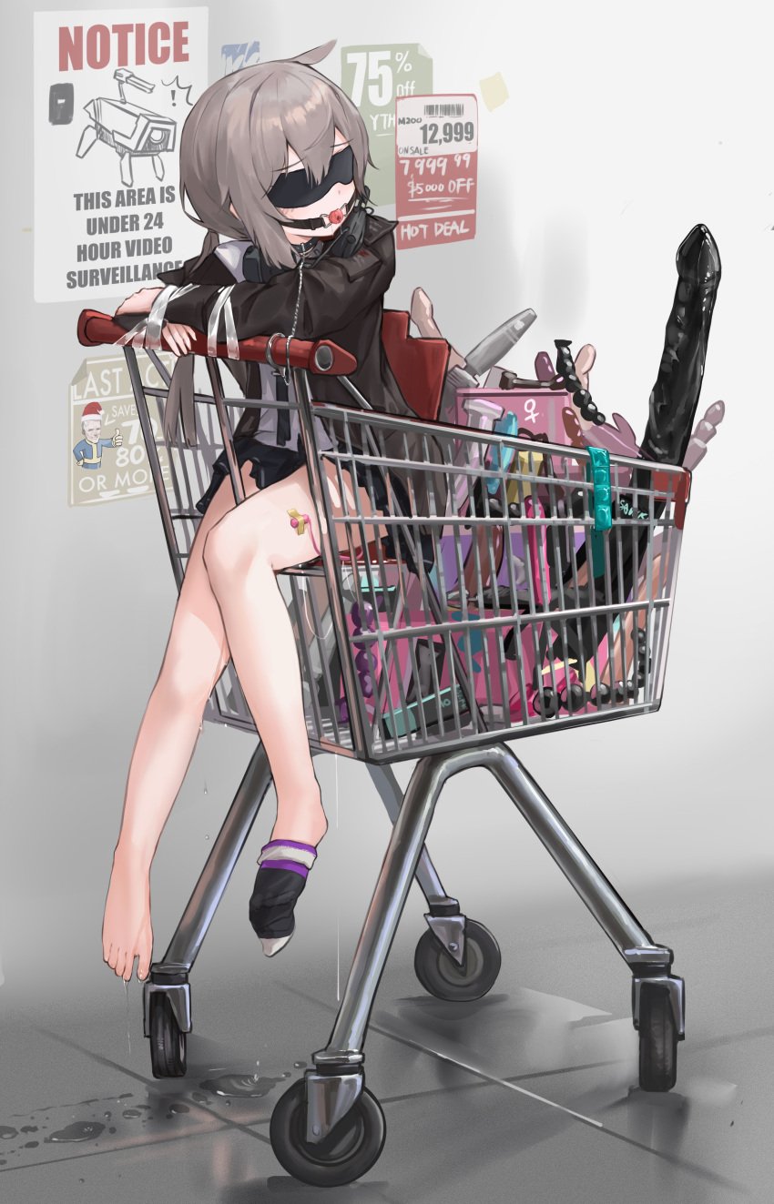 absurdres assorted_sex_toys ball_gag bangs bare_legs barefoot blush bondage bound chinese_commentary commission dildo english_text eye_mask female femsub gag girls'_frontline grey_hair highres m200_(girls'_frontline) miniskirt notice_lines poster_(object) purple_eyes sawkm second-party_source sex_toy shopping_cart sitting skirt socks solo too_many_sex_toys toy_selection