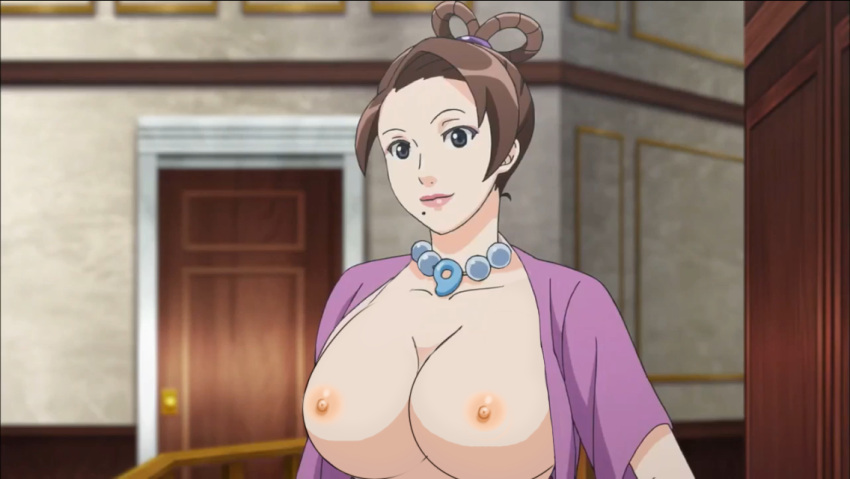 1girls big_breasts brown_hair edit female female_only gyakuten_saiban huge_breasts mia_fey necklace nekomate14 nude_filter pearl_fey pink_clothing smiling solo