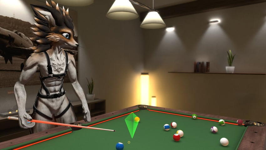 abs anthro anthro_only blue_eyes brown_fur canine fur furry_only harness male male_only muscular muscular_anthro muscular_male naked nude pool_table raigho rexouium standing twitter url vr_media vrchat white_belly white_fur