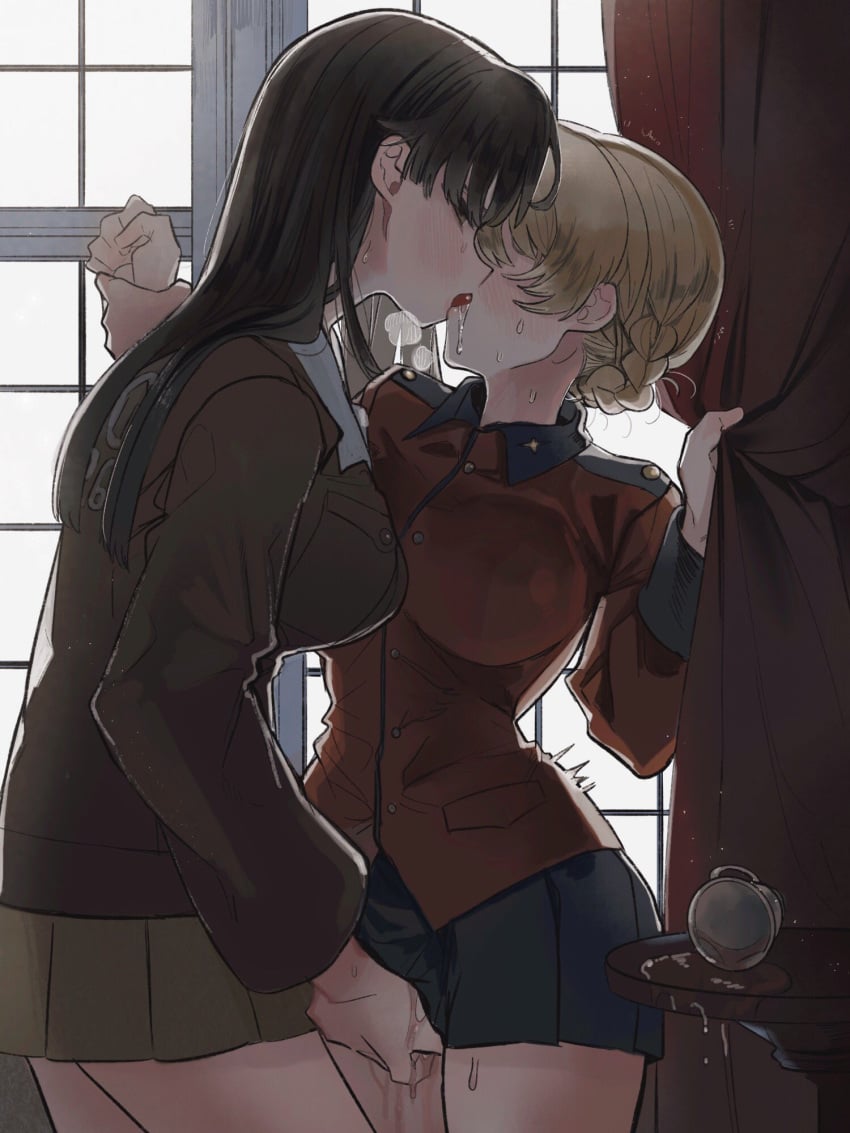 2girls asymmetrical_bangs bangs black_hair blonde_hair blush braid brown_eyes chi-hatan_military_uniform cup darjeeling fingering fingering_through_clothes french_kiss girls_und_panzer grabbing highres holding_another's_wrist keizoku_military_uniform kissing long_hair multiple_girls nishi_kinuyo pussy_juice pussy_juice_trail saliva saliva_trail short_hair spill st._gloriana's_military_uniform straight_hair sweat tama_launcher teacup through_clothes tied_hair tongue twin_braids yuri