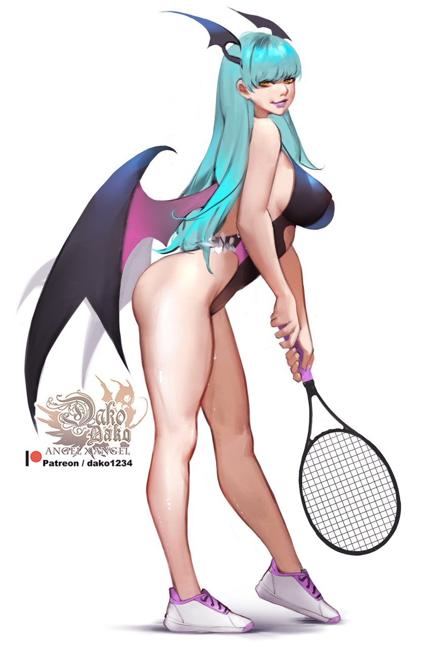 1girls capcom clothing darkstalkers demon_wings female female_only green_hair head_wings hi_res hu_dako leotard long_hair looking_at_viewer medium_breasts morrigan_aensland orange_eyes purple_lipstick shoes side_view smiling smiling_at_viewer solo solo_female succubus tennis_racket white_background wings