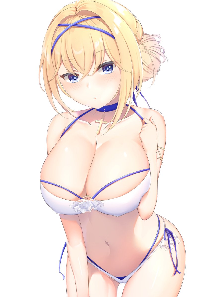 1girls 2020 :o aqua_eyes armlet azur_lane bangs bare_shoulders bikini blonde_hair blue_choker blue_ribbon breasts cameltoe choker cleavage commentary_request covered_nipples cross cross_choker eyebrows_visible_through_hair female female female_focus female_only hair_bun hand_up highres jeanne_d'arc_(azur_lane) jeanne_d'arc_(saintess_of_the_sea)_(azur_lane) kanade_pa kanata_(kanade_pa) large_breasts layered_bikini leaning_forward looking_at_viewer navel o-ring o-ring_bikini o-ring_top open_mouth ribbon short_hair side-tie_bikini simple_background skindentation solo solo_female stomach swimsuit white_background white_bikini