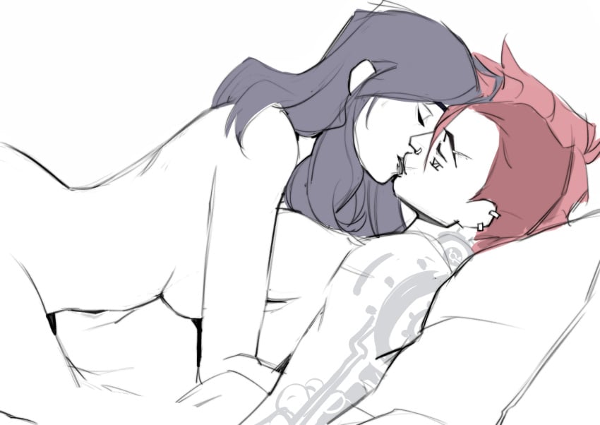 2girls arcane arcane_caitlyn arcane_vi blue_hair breasts caitlyn_kiramman canon_couple closed_eyes couple female female_only kissing larajenn league_of_legends multiple_girls nude on_bed pink_hair scar tattoo vi yuri