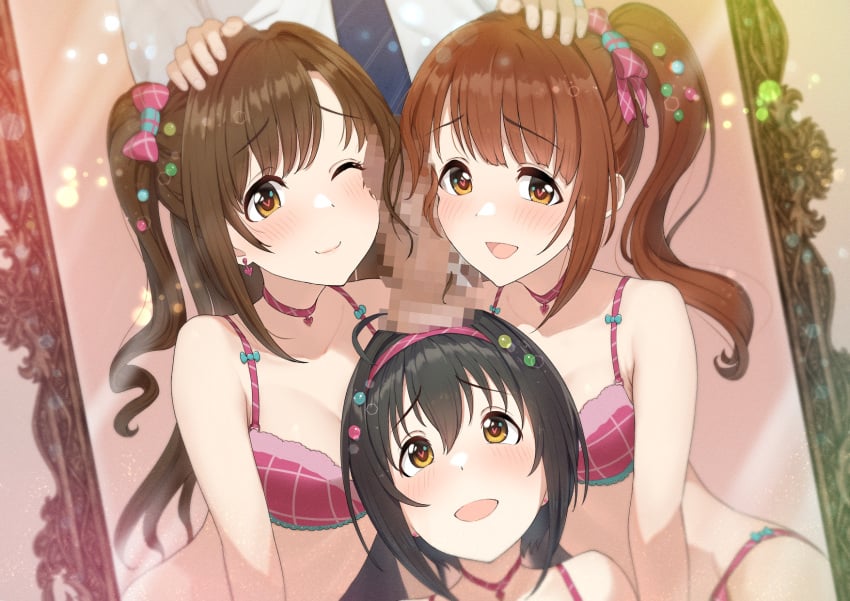 1boy blush bow brown_hair censored choker collarbone erection female hair_between_eyes hair_intakes hairband hairbow hand_on_head heart heart-shaped_pupils highres idolmaster idolmaster_cinderella_girls igarashi_kyouko kohinata_miho kozuka_yasushi looking_at_viewer looking_up mosaic_censoring necktie open_mouth penis penis_hug pink_check_school_(idolmaster) ponytail shimamura_uzuki short_hair side_ponytail smile straight symbol-shaped_pupils testicles