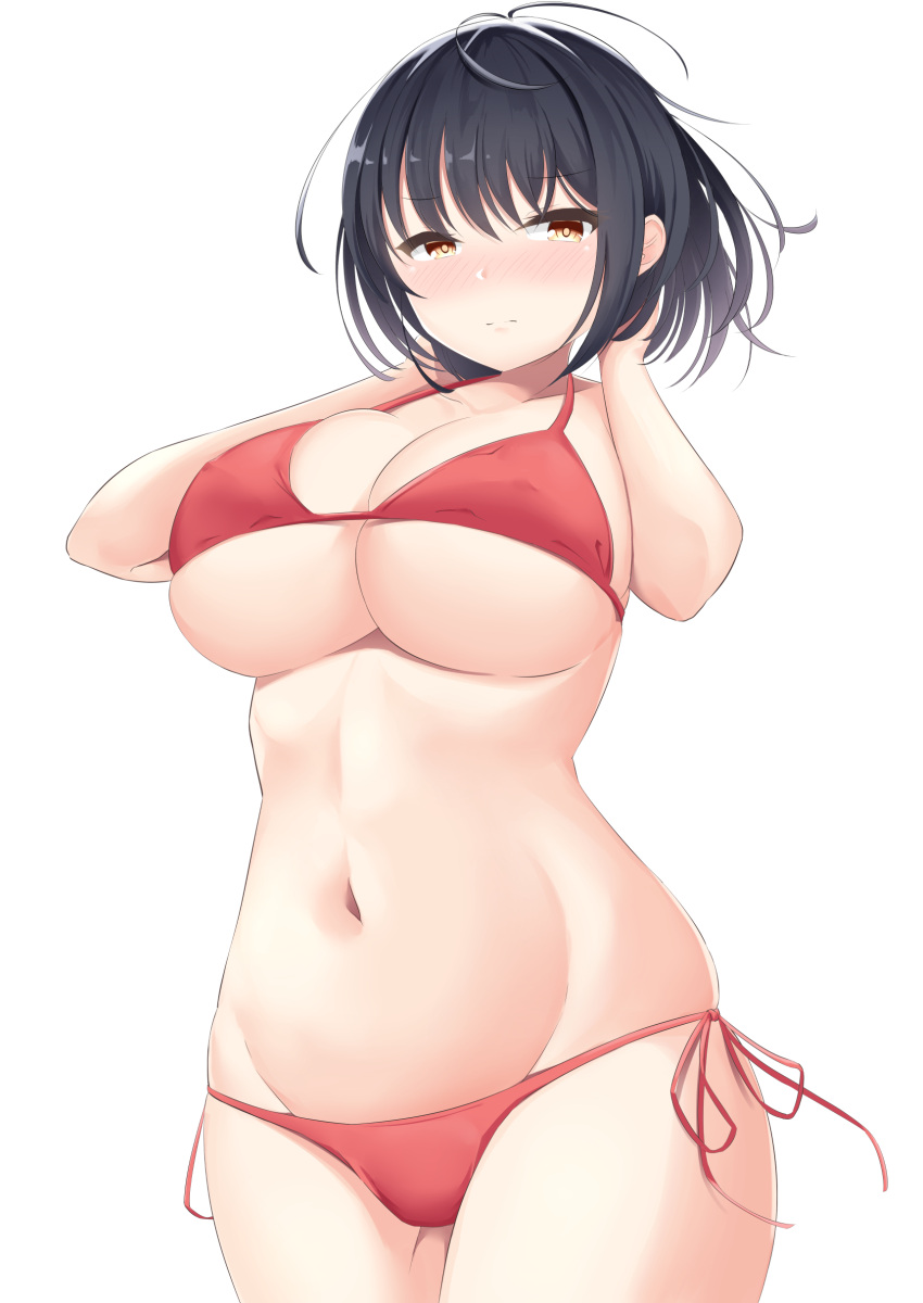 1girls 2020 absurdres ahoge arms_up bangs bikini black_hair blush breasts cleavage covered_nipples expressionless eyebrows_visible_through_hair female female female_focus female_only hand_in_hair highres kanade_pa kanata_(kanade_pa) large_breasts looking_at_viewer navel original original_character red_bikini side-tie_bikini simple_background solo solo_female standing swimsuit underboob white_background yellow_eyes