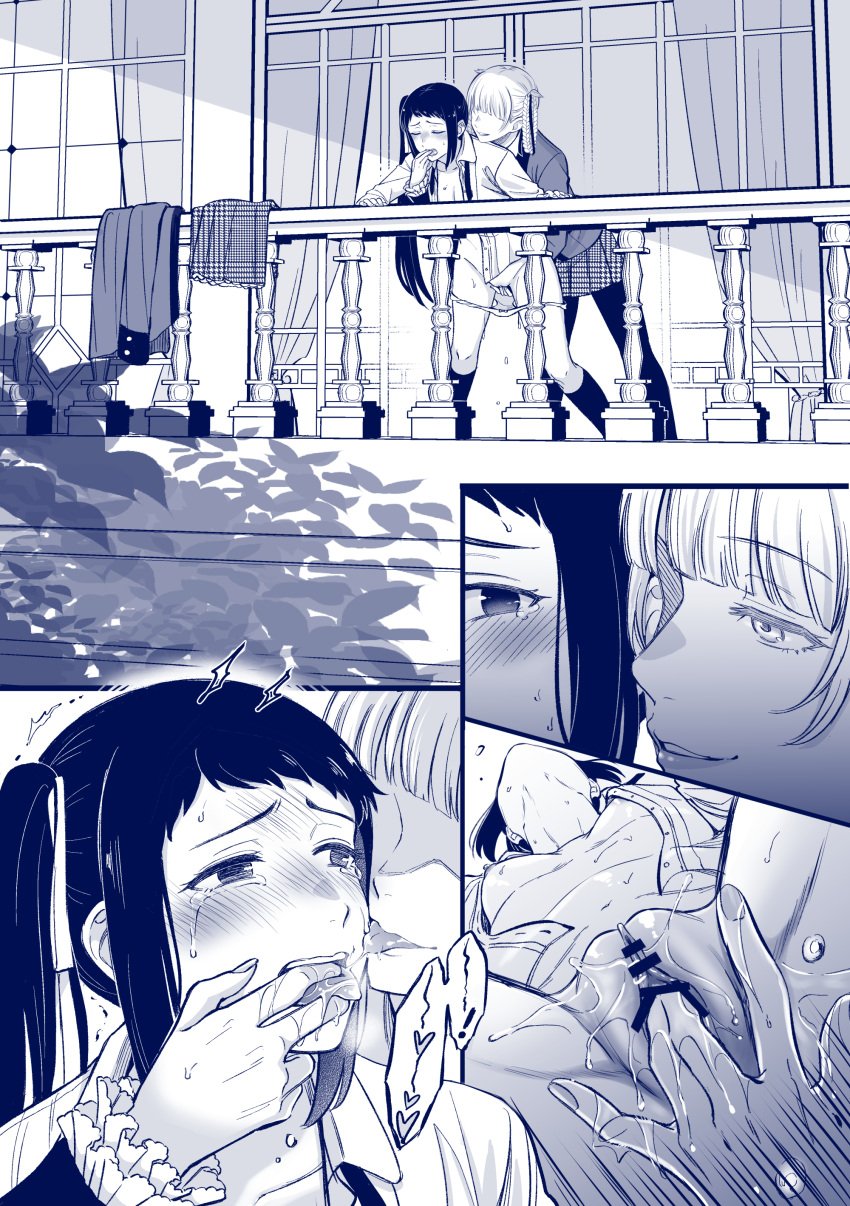 2girls absurdres balcony bar_censor blush breasts censored closed_eyes clothes_removed crying crying_with_eyes_open eyebrows_visible_through_hair female_ejaculation fingering fingering_partner highres hyakkaou_academy_uniform igarashi_sayaka kakegurui kanbayashi_makoto licking licking_finger looking_at_another momobami_kirari multiple_girls panties panty_pull pussy saliva sex_on_balcony skirt skirt_removed small_breasts smile tears teeth tongue tongue_grab tongue_out underwear undone_necktie upper_teeth vaginal_penetration yuri