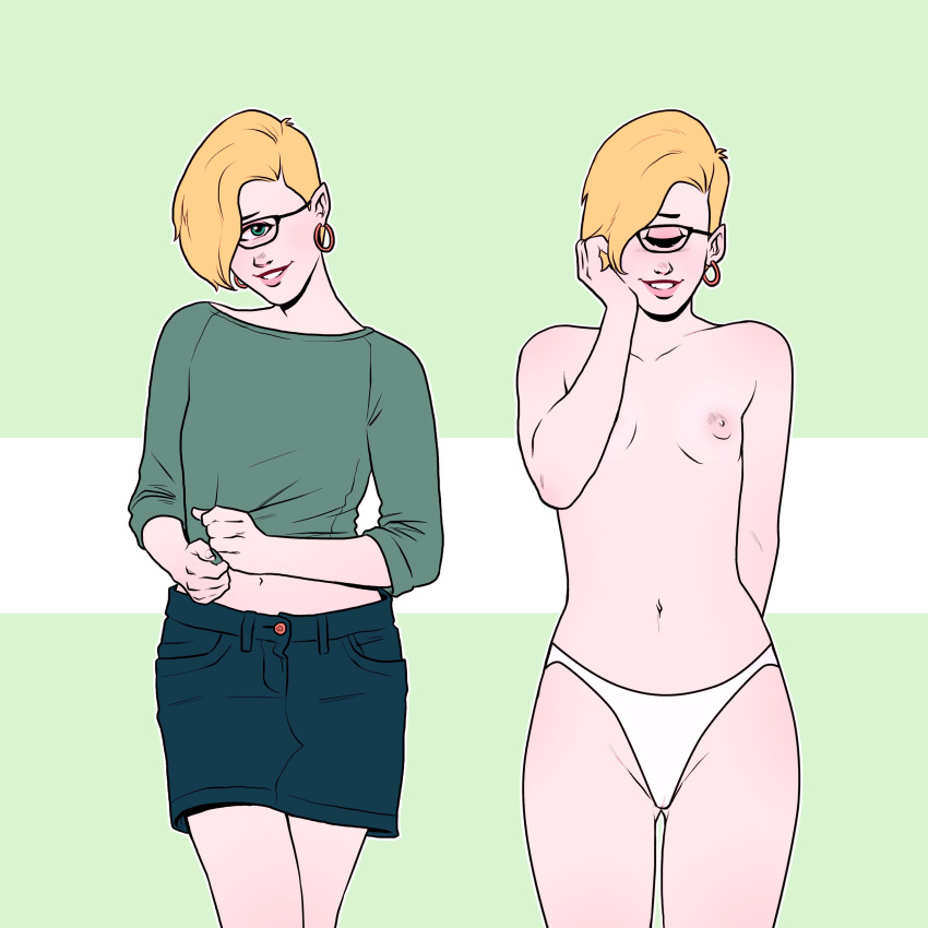 1_eye 1girls blonde_hair collage cyclops earrings female_only glasses numitor on/off panties polly_(numitor) short_hair skirt smile solo topless