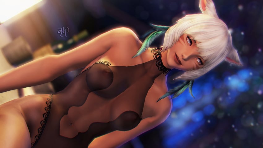 1girls areolae breasts cat_ears final_fantasy final_fantasy_xiv gpose(ffxiv) miqo'te navel nipples see-through see-through_clothing short_hair solo solo_female solo_focus square_enix white_hair y'shtola zly