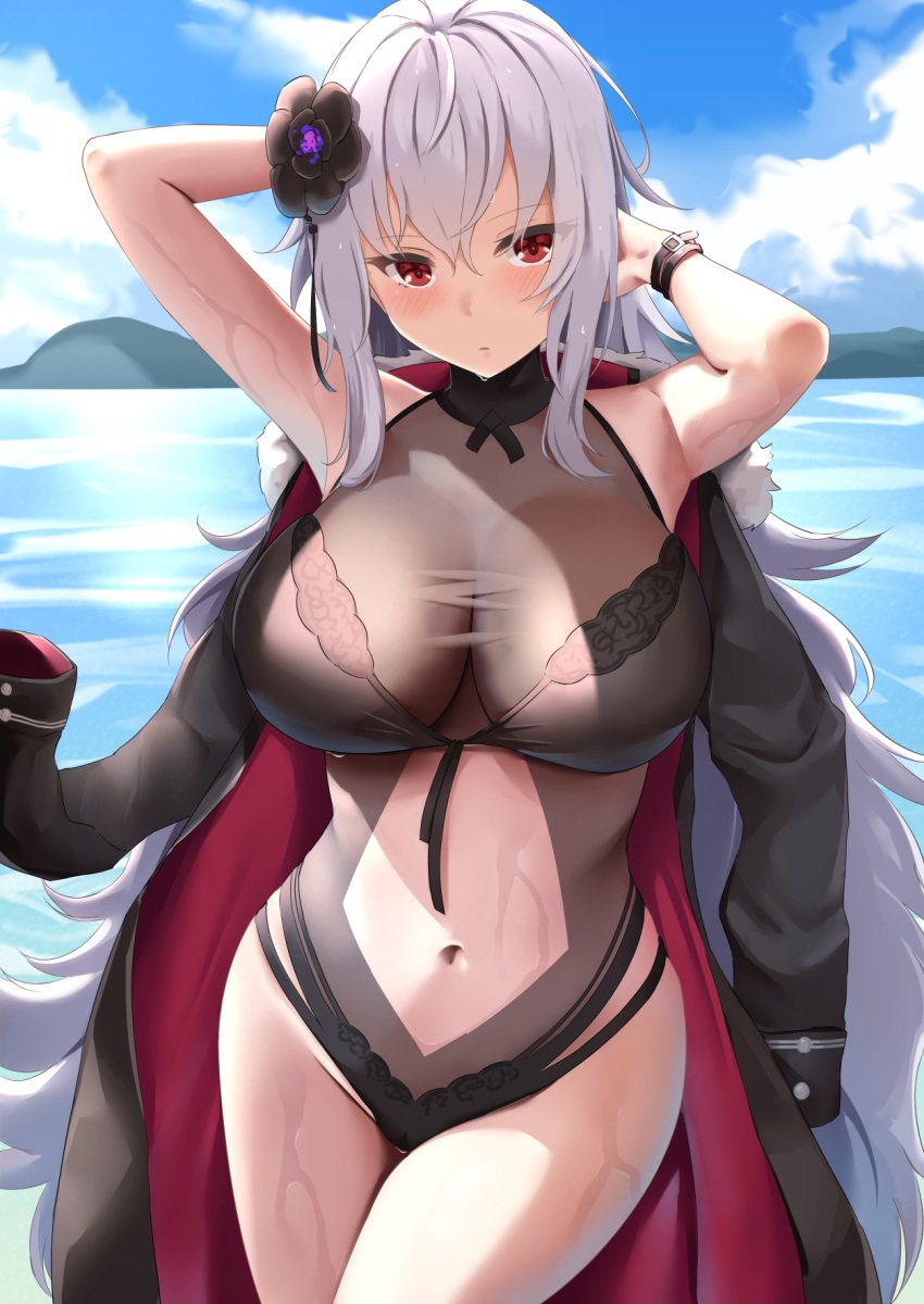 1girls 2020 alternate_version_available armpits arms_behind_head arms_up azur_lane bangs bare_shoulders black_coat black_flower black_rose black_swimsuit blue_sky blush breasts cleavage clothing_cutout cloud coat cowboy_shot day eyebrows_visible_through_hair female female female_focus female_only flower fur-trimmed_coat fur_trim graf_zeppelin_(azur_lane) graf_zeppelin_(beachside_urd)_(azur_lane) groin hair_between_eyes hair_flower hair_ornament highres horizon jacket jacket_on_shoulders kanata_(kanade_pa) large_breasts long_hair looking_at_viewer navel navel_cutout ocean one-piece_swimsuit outdoors parted_lips red_eyes rose see-through sidelocks silver_hair sky solo solo_female standing swimsuit taut_clothes taut_swimsuit very_long_hair wet wrist_straps