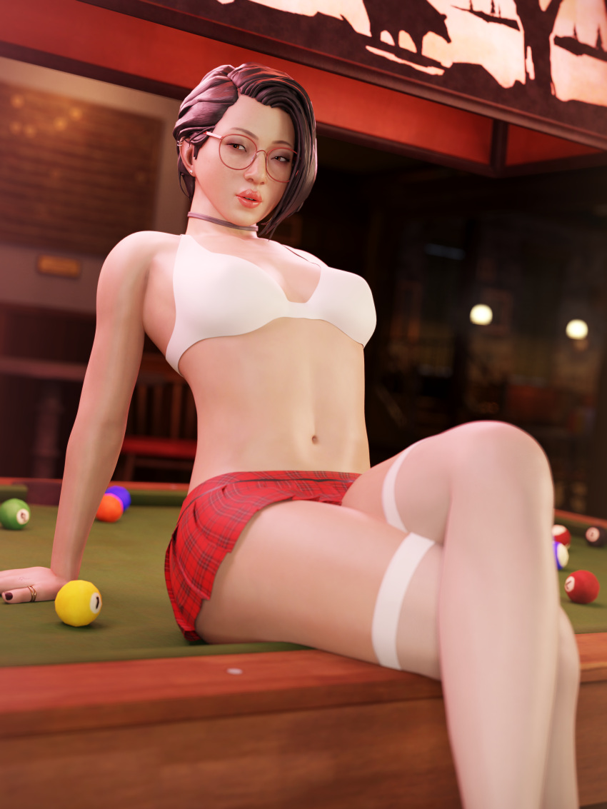 1girls 3d absurdres alex_chen bare_arms bare_midriff bare_shoulders bare_thighs black_hair bra eyewear female female_focus female_only front_view glasses human koomer leaning_back legs_crossed life_is_strange life_is_strange:_true_colors looking_at_viewer miniskirt neckwear pinup pool_ball pool_table red_lipstick short_hair short_skirt sitting skirt solo solo_focus thick_thighs thighhighs