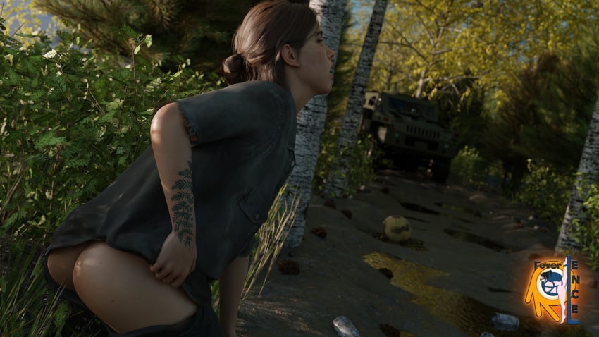 1girls 3d ass blender brown_hair casual casual_exposure casual_peeing cg closed_eyes ellie_(the_last_of_us) ellie_williams female female_only feverlence naughty_dog open_mouth pants_down peegasm peeing peeing_outside relief solo teenager the_last_of_us the_last_of_us_2 urine