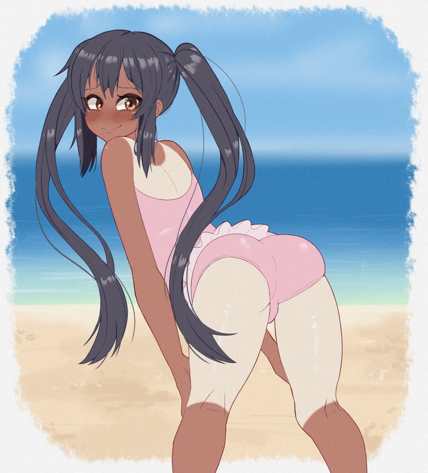 ass azusa_nakano_(k-on!) beach black_hair blush brown_body brown_eyes brown_skin duke_wintermaul female female_focus female_only k-on! long_hair tan_skin tied_hair young_savage