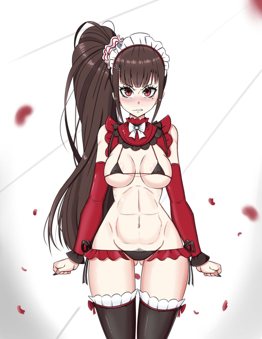 1girl 1girls abs alternate_hairstyle annoyed ass bangs black_bow black_cuffs black_nails black_panties black_ribobn black_thighhighs blush bow bow_legwear bow_panties breasts brown_hair cherry_blossoms clenched_teeth collar covered_erect_nipples danganronpa danganronpa_(series) danganronpa_v3 danganronpa_v3:_killing_harmony detached_collar detached_sleeves duke_wintermaul ears eyelashes female female_focus female_only fingernails fingers frilled_thighhighs frills gluteal_fold gradient gradient_background hair_ornament hands harukawa_maki headdress highres legs long_hair looking_at_viewer lower_teeth maid medium_breasts microskirt mole mole_under_eye multicolored_clothes multicolored_collar multicolored_headwear multicolored_legwear multicolored_panties multicolored_sleeves muscular muscular_female nail_polish navel nose open_mouth panties pleated_skirt ponytail pubic_hair red_bow red_collar red_eyes red_headdress red_skirt red_sleeves red_trim ribbon shiny shiny_clothes simple_background skirt solo standing straight_hair teeth thighhighs thighs thighs_apart underwear upper_teeth wavy_mouth white_bow white_headdress young_savage