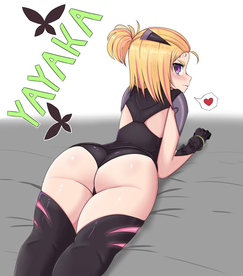 1girls ass blonde_hair character_name duke_wintermaul female female_focus female_only flip_flappers laying_down looking_at_viewer looking_back lying_on_stomach pink_hair purple_eyes thick_thighs thighhighs thighs yayaka young_savage