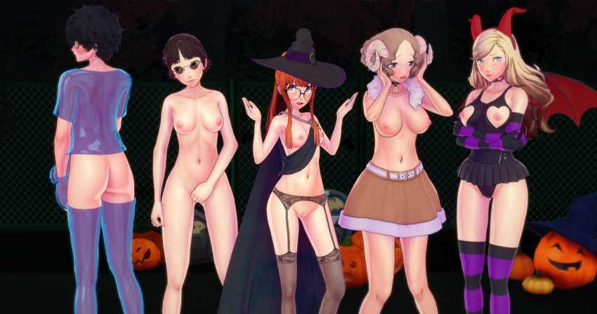 1boy 3d 4girls ann_takamaki ass atlus bell black_hair blonde_hair blush both_sexes_in_same_situation breasts brown_hair casual completely_naked completely_nude completely_nude_female costume covering covering_crotch covering_pussy embarrassed embarrassed_nude_female embarrassed_nude_male exposed exposed_ass exposed_breasts female functionally_nude garter_belt glasses halloween halloween_costume haru_okumura horns human joker_(persona) koikatsu makoto_niijima male naked nipple_cutout nipples nude orange_hair outdoors persona persona_5 phantom_thieves poly_(artist) public public_nudity pumpkin pussy ren_amamiya sakura_futaba sheep slime succubus the_invisible_man topless vagina witch witch_hat