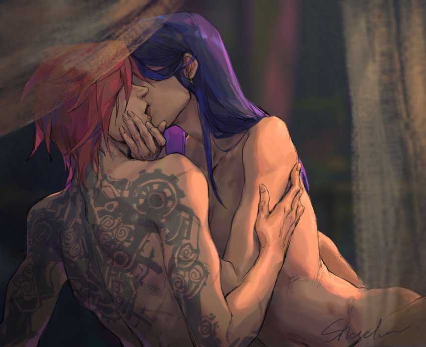 2d 2girls arcane back blue_hair caitlyn_kiramman canon_couple couple female_only hair_over_eyes kissing league_of_legends multiple_girls nude pink_hair saliva shadowyahaha tattoo vi yuri