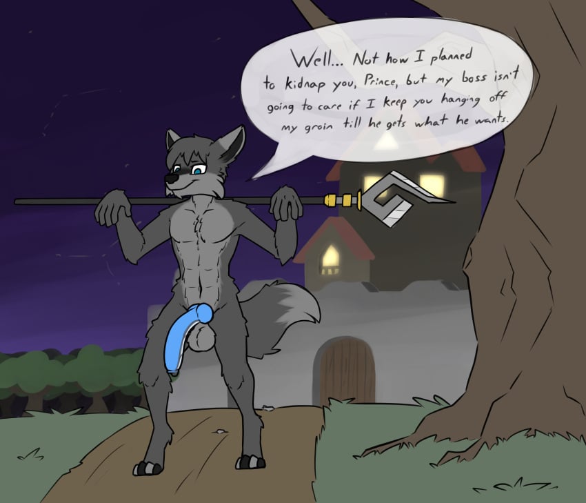 absurd_res anthro atreyu balls canid canine canis dialogue dialogue_box genitals grass hi_res male male_only mammal penis penis_transformation plant sarek_aran_desian solo transformation tree weapon wolf