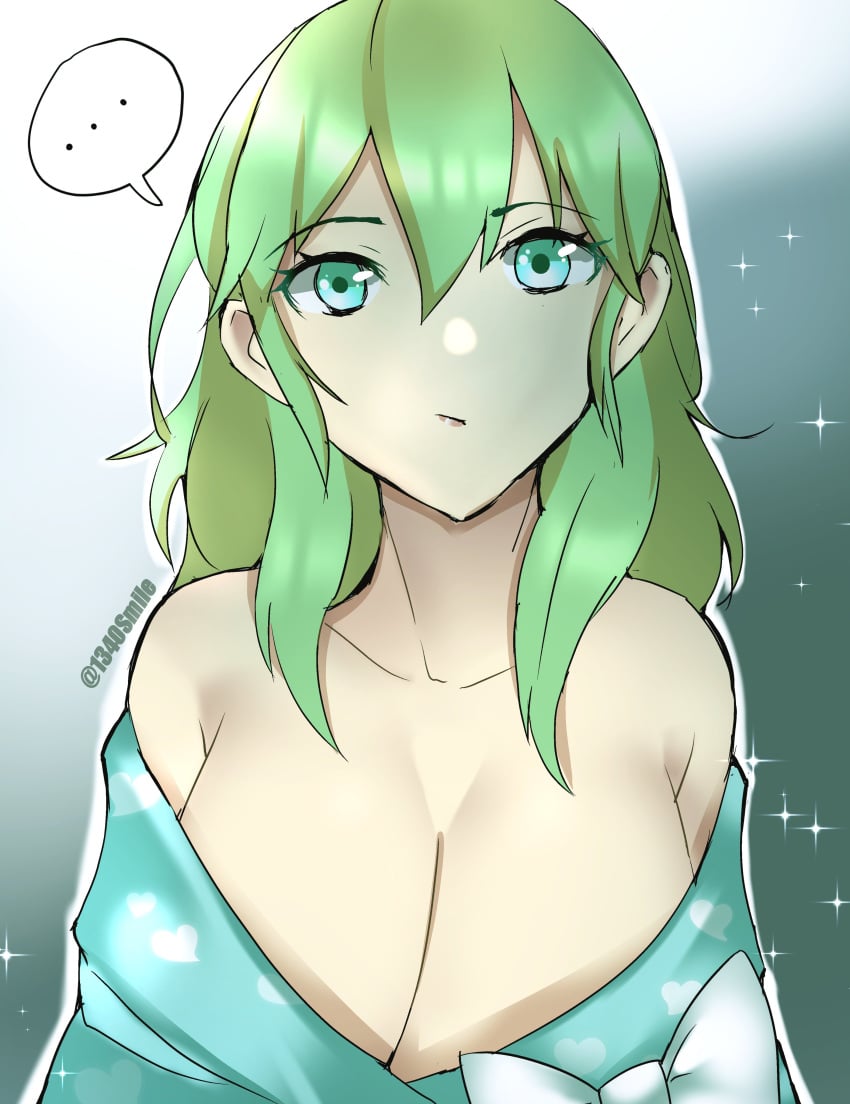 ... 1340smile 1girls alternate_costume bare_shoulders byleth_(fire_emblem) byleth_(fire_emblem)_(female) enlightened_byleth_(female) fire_emblem fire_emblem:_three_houses green_eyes green_hair huge_breasts japanese_clothes looking_at_viewer medium_hair mute nintendo off_shoulder solo super_smash_bros. super_smash_bros._ultimate text_bubble undressing yukata