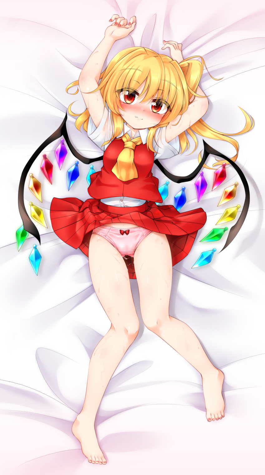 absurdres arms_up ascot bangs barefoot bed blonde_hair blush bow bow_panties breasts buttons closed_mouth collar collared_shirt crystal eyebrows_visible_through_hair eyes_visible_through_hair female flandre_scarlet hair_between_eyes hands_up highres jewelry looking_at_viewer lying marukyuu_ameya medium_breasts multicolored_wings no_hat no_headwear one_side_up panties pink_nails pink_panties pussy_juice red_bow red_eyes red_skirt red_vest shirt short_sleeves skirt smile solo sweat touhou underwear vest white_shirt white_sleeves wings yellow_ascot