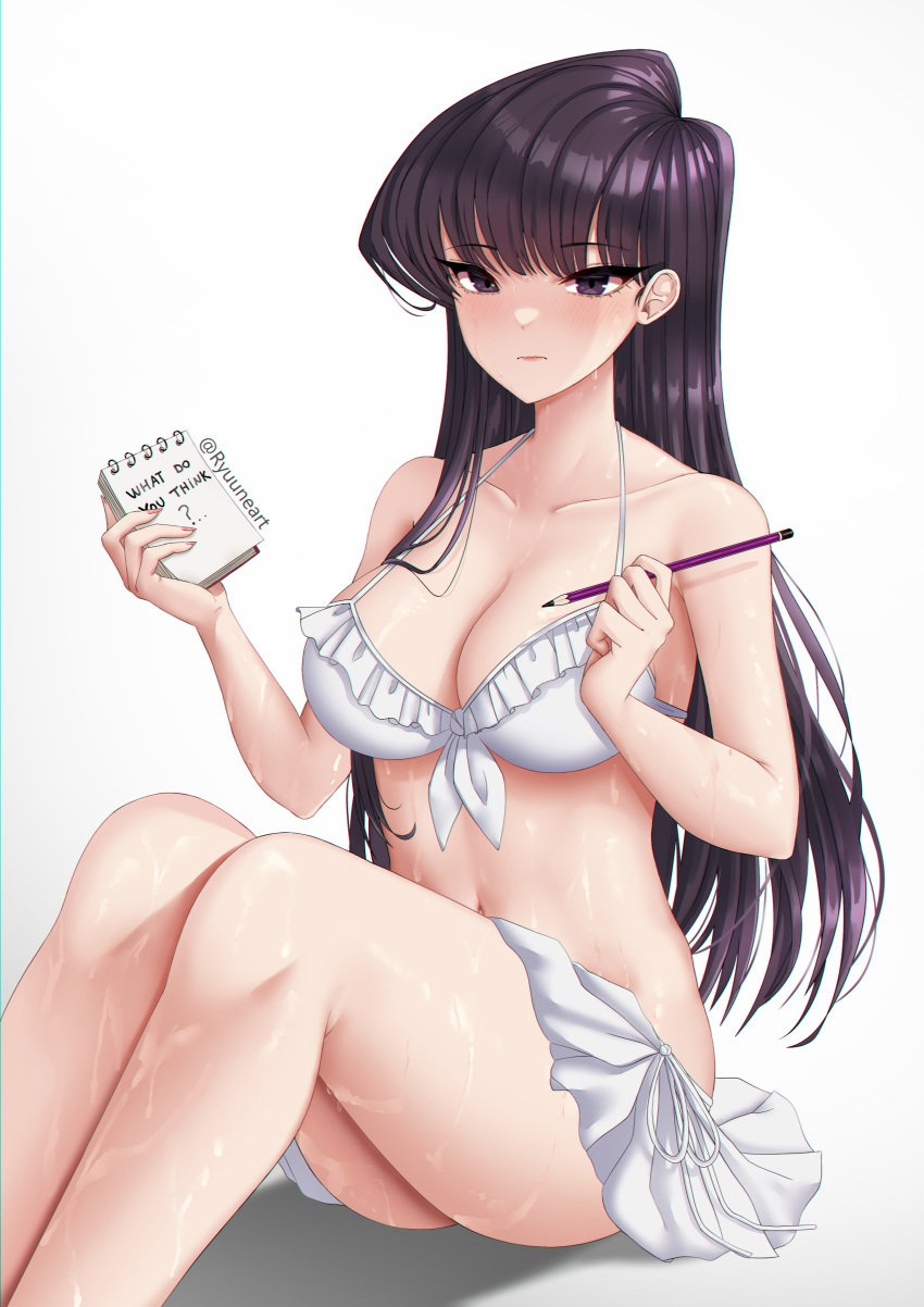 1girls abs absurd_res ass bangs belly_button bent_knees bent_legs big_breasts bikini bikini_bottom bikini_top black_eyes black_hair blush breasts cleavage collarbone hi_res highres huge_breasts knees_up komi-san_wa_komyushou_desu komi_shouko large_breasts legs long_hair looking_at_viewer midriff note notebook pencil plain_background ryuuneart simple_background sitting solo sweat sweaty sweaty_body sweaty_thighs text thick_thighs thighs wet wet_body wet_skin white_background white_bikini white_bikini_bottom white_bikini_top