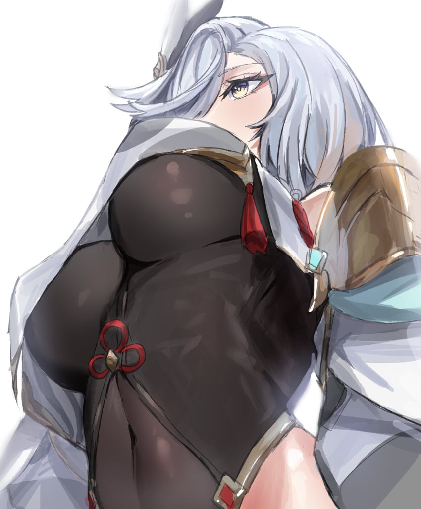 1girls big_breasts blue_hair breasts from_below genshin_impact hips horn/wood nipple_bulge pov_under_breasts raw_egg_lent shenhe_(genshin_impact) silver_hair underboob viewed_from_below viewer_lap_pillow viewer_pov yellow_eyes