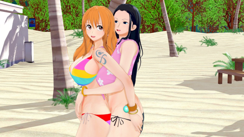 2girls 3d beach big_ass big_breasts big_butt big_hips big_thighs bikini cleavage darckanllel female female_focus female_only hourglass_figure huge_ass huge_breasts huge_butt huge_hips huge_thighs large_ass large_breasts large_butt nami nico_robin one_piece post-timeskip rainbow_bikini wide_hips yuri