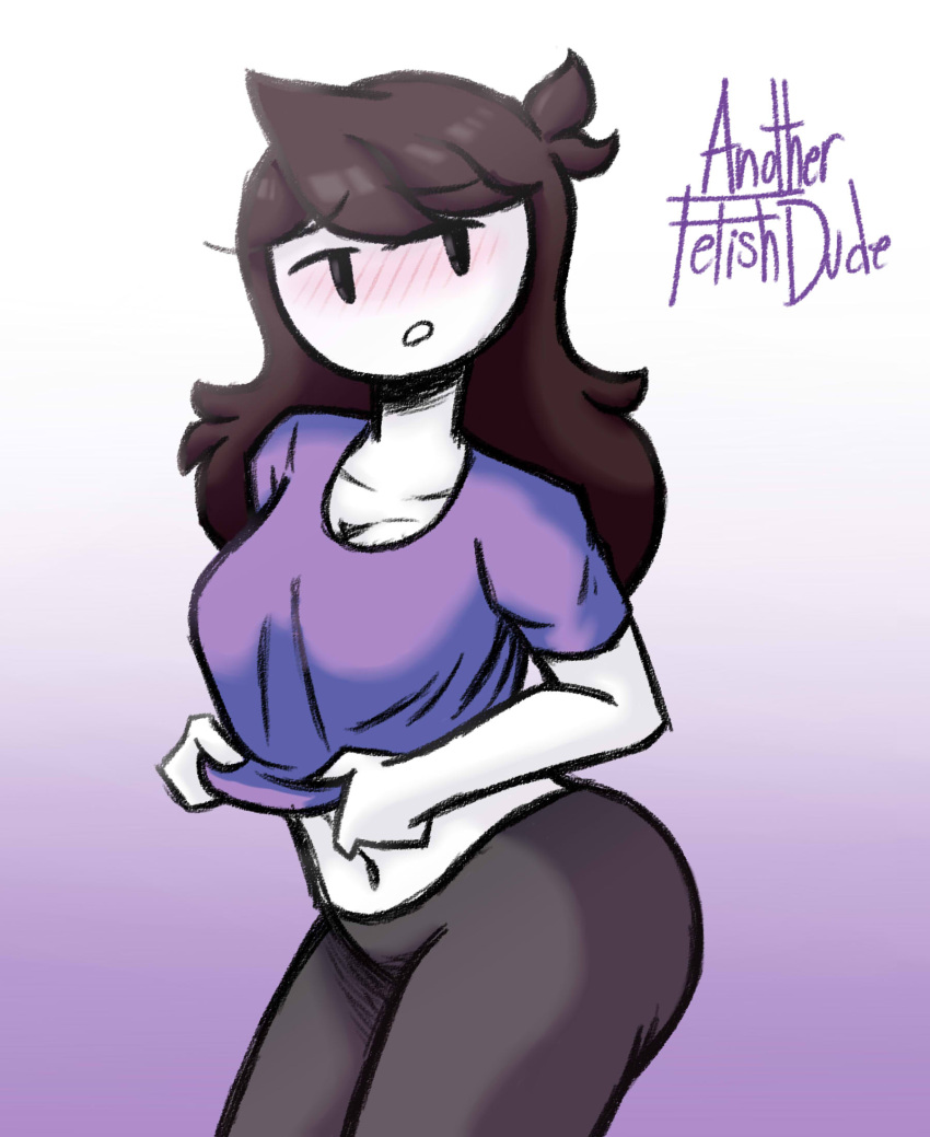 1girls anotherfetishdude big_breasts blushing female flashing fully_clothed jaiden jaiden_animations open_mouth purple_background shirt_lift signature solo_female thick_thighs youtube youtuber_girl