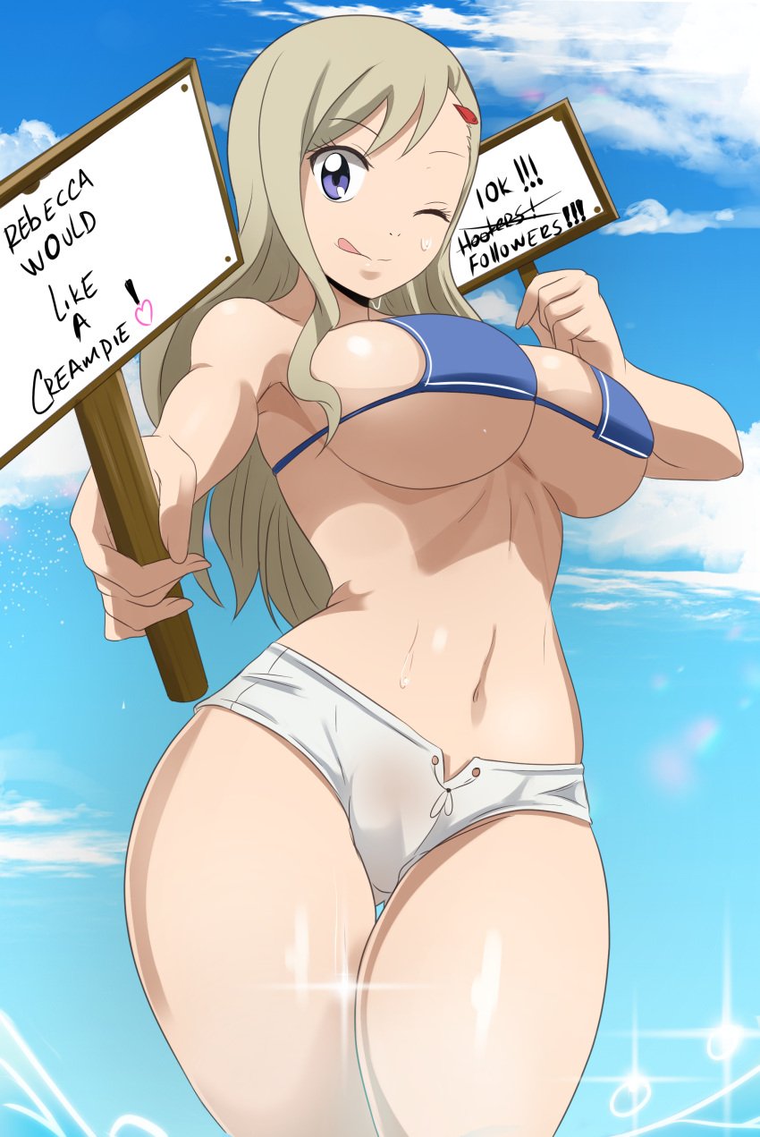 1girls big_breasts bikini_top blonde_hair breasts edens_zero english_text holding_object holding_sign rebecca_bluegarden shorts solo standing the_amazing_gambit