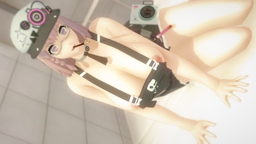 3d ayla_(punishing:_gray_raven) breasts female female_focus female_only fissy glasses hat huge_breasts medium_hair nipples nude pink_eyes pink_hair pocky punishing:_gray_raven robot_girl