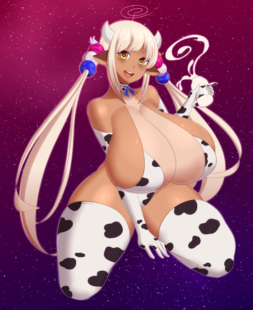 breasts cow_ears cow_girl cow_horns cow_print cow_print_armwear cow_print_bikini cow_print_choker cow_print_thighhighs dark-skinned_female dark_skin female hololive hololive_english hololive_english_-council- jcdr kneeling large_breasts looking_at_viewer massive_breasts milk_bottle sole_female space starry_background tsukumo_sana twintails virtual_youtuber