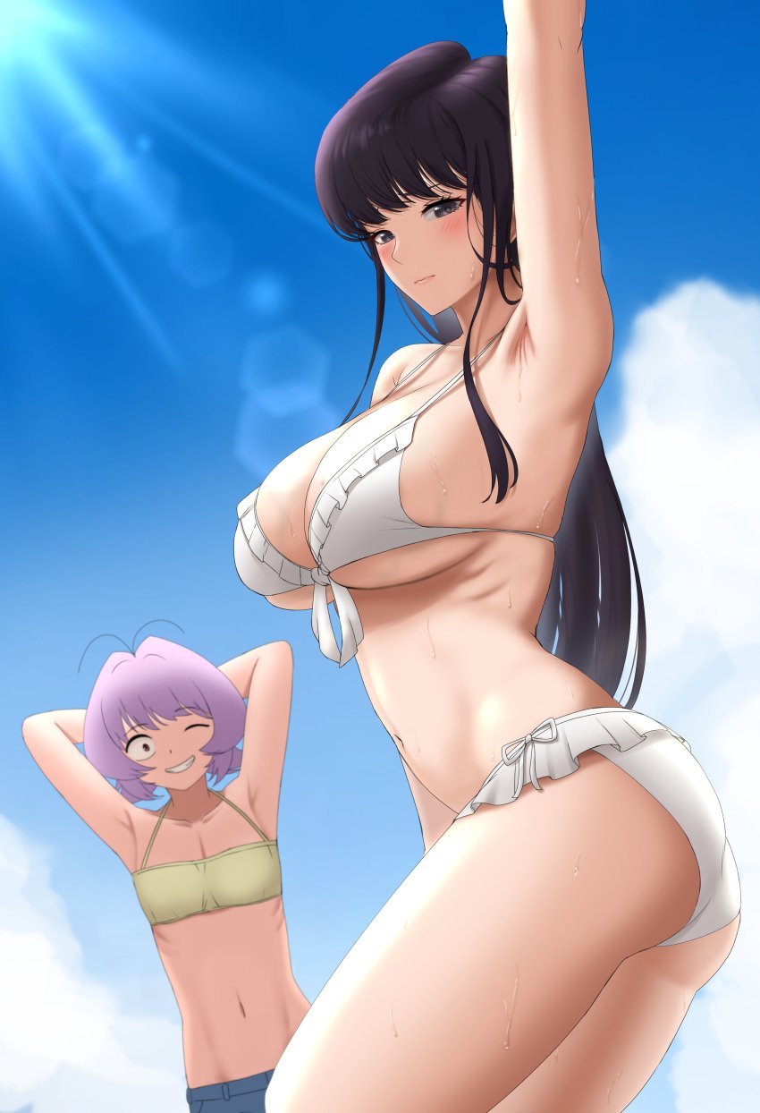 1girls 1nilla' ambiguous_gender armpits ass beach big_breasts bikini black_hair blush breasts eye_contact female flat_chested komi-san_wa_komyushou_desu komi_shouko long_hair looking_at_viewer one_eye_closed osana_najimi purple_hair short_hair thick_thighs thighs