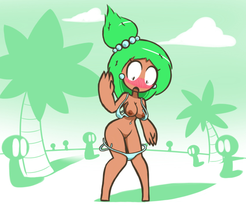 2018 accidental_exposure anthro being_watched bikini blush blushing_profusely breasts classic_enf_pose cloud embarrassed embarrassed_nude_female enf exhibitionism female female_focus female_only flora_fauna green_hair june_(screwroot) knees_together_feet_apart looking_down lost_clothes naked navel navel_piercing nipples nude nude_female nudity oc open_mouth original_character palm_tree pearl_earrings pigeon-toed plantie public_nudity pussy screwroot shadow shocked shocked_expression smile standing suddenly_naked tiptoes wardrobe_malfunction waving