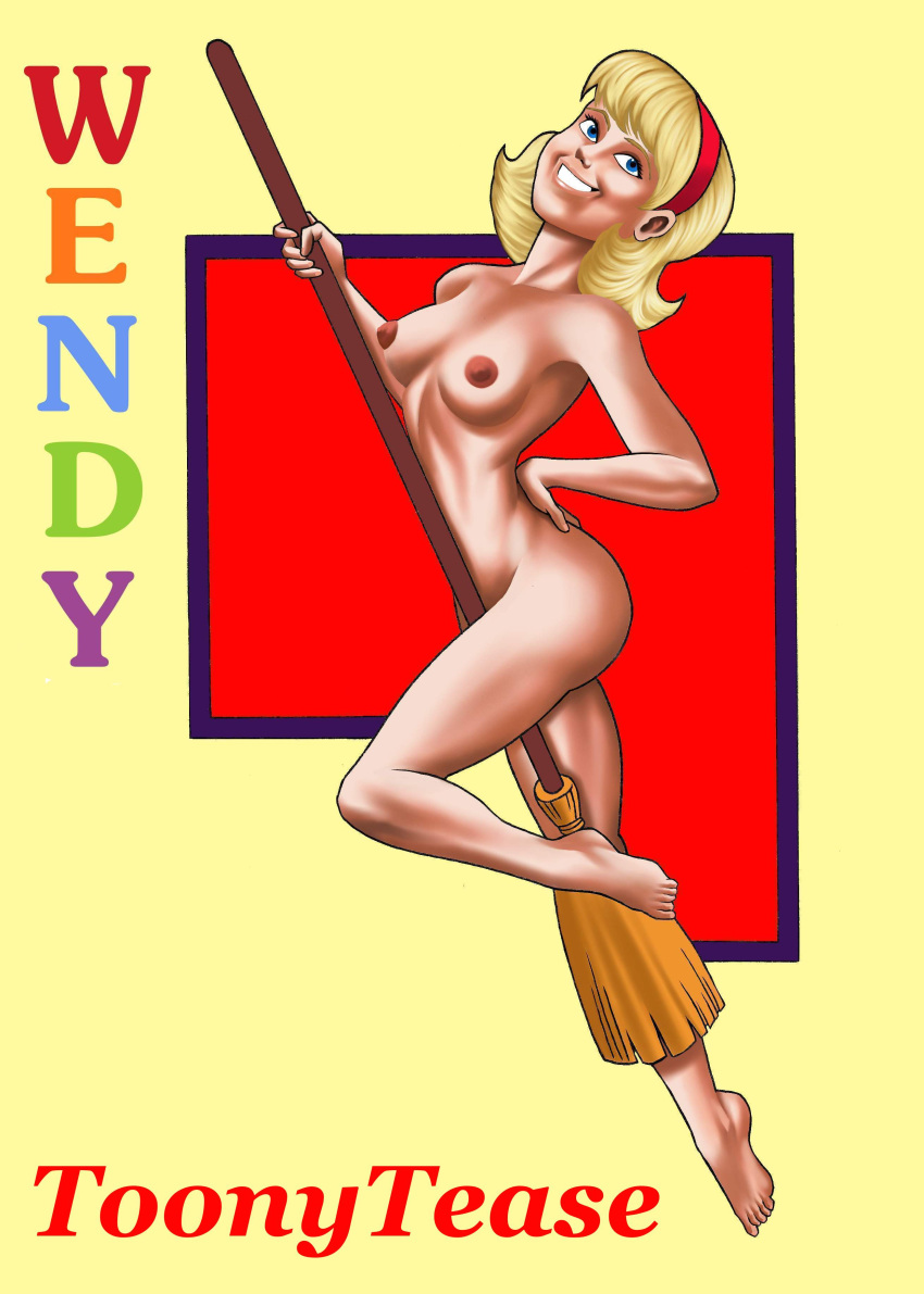 aged_up blonde_hair broom_riding broomstick casper_the_friendly_ghost character_name dreamworks female grin harvey_comics headband medium_breasts nude solo toonytease universal_studios wendy_(harvey_comics) wendy_the_good_little_witch witch