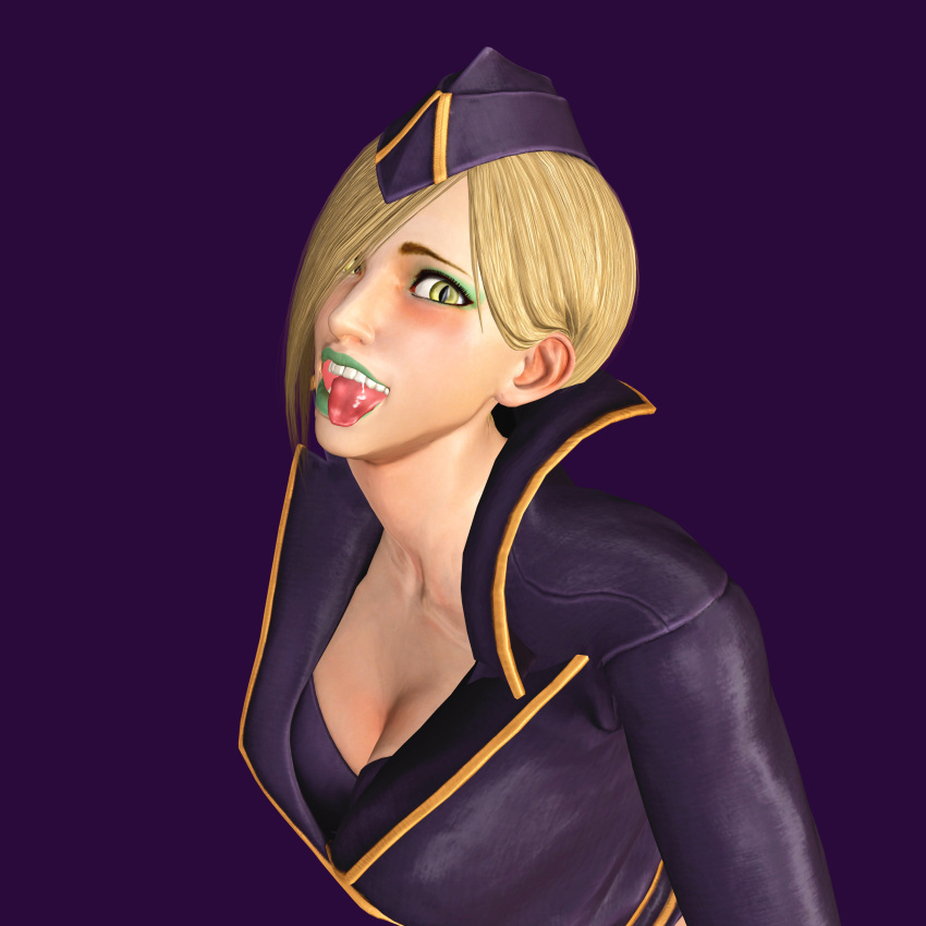 1girls ahe_gao blonde_female blonde_hair blush cleavage derangedgod drooling embarrassed falke female focus_on_chest german green_lipstick hat illuminati large_breasts reptilian_eyes shadaloo solo_focus street_fighter street_fighter_v teeth_visible tongue tongue_out uniform xnalara yellow_eyes