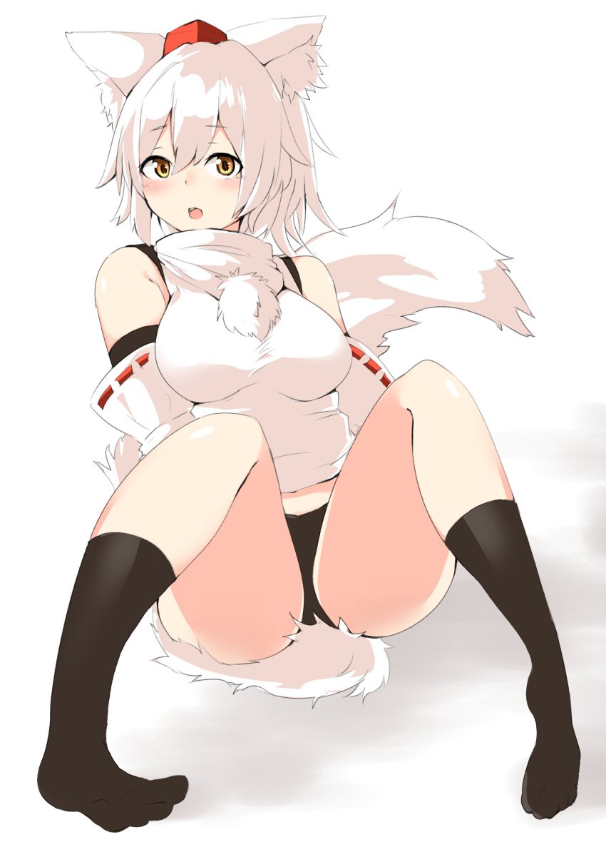 animal_ears black_panties blush houkai_(collapse_illust) kneehighs looking_at_viewer momiji_inubashiri no_pants panties sitting socks tagme tail thighs touhou white_hair wolf_ears wolf_girl wolf_tail yellow_eyes