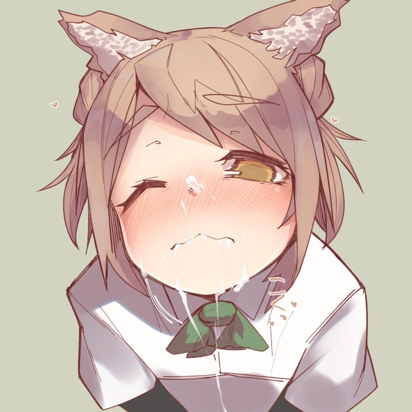 animal_ears bangs blush bow bowtie cat_ears cat_girl closed_mouth collared_shirt cum cum_in_mouth eyebrows_visible_through_hair face facial female flat_chest green_background green_bow green_bowtie half-closed_eye heart highres kantai_collection layered_sleeves leaning_forward long_sleeves michishio_(kantai_collection) nose_blush one_eye_closed shirt short_over_long_sleeves short_sleeves sidelocks simple_background solo translated tsuzuri_(tu-san_house) upper_body wavy_mouth white_shirt wince yellow_eyes