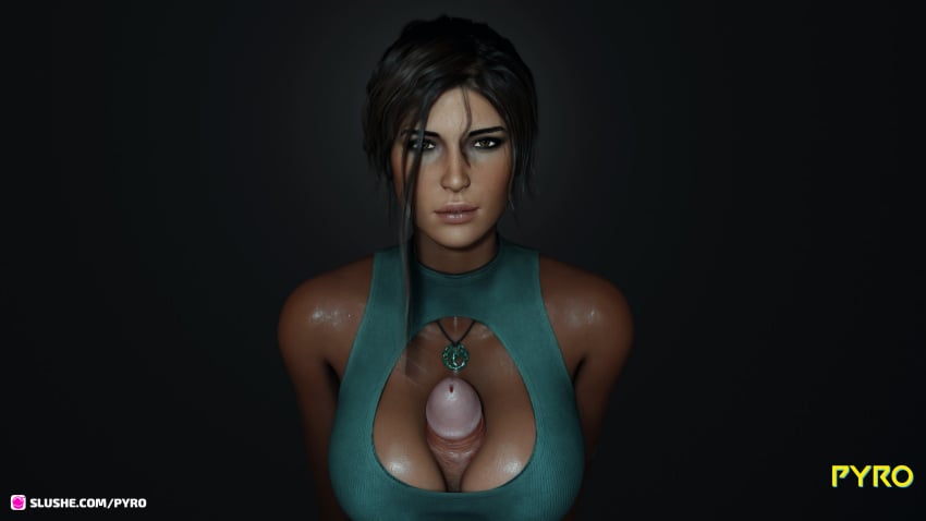 1girls 3d athletic_female big_breasts big_penis breasts brown_eyes brown_hair busty cleavage freckles glans human lara_croft lara_croft_(survivor) large_breasts large_penis light-skinned_female long_hair looking_at_viewer paizuri penis pyro_(artist) scalie sex tagme tomb_raider wet