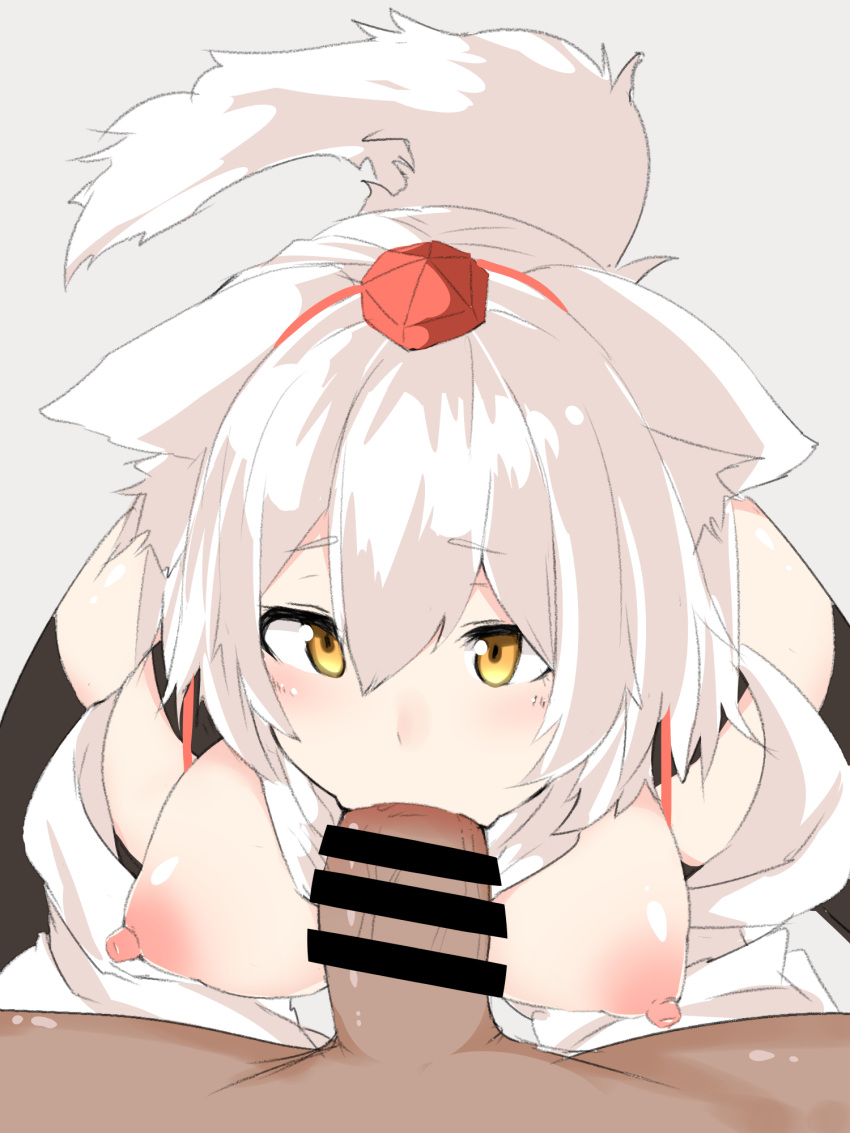 animal_ears blowjob blush breasts censored houkai_(collapse_illust) momiji_inubashiri nipples oral penis tagme tail thighhighs touhou white_hair wolf_ears wolf_girl wolf_tail yellow_eyes