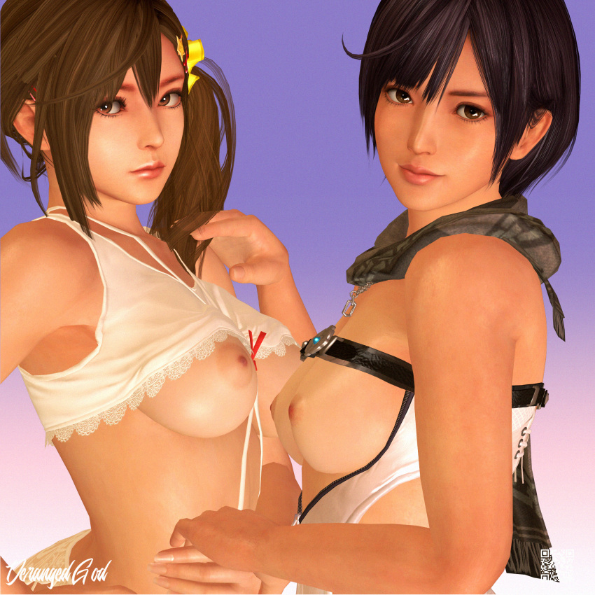 2girls 3d bra breasts dead_or_alive dead_or_alive_5 dead_or_alive_xtreme_venus_vacation derangedgod dressed exposed_breasts female glossy_lips grabbing_hands hand_on_hip hand_on_shoulder lingerie looking_at_viewer misaki_(doa) nagisa_(doa) perky_breasts pixie_cut ponytail puffy_nipples small_breasts smile staring tecmo unzipped_bodysuit wardrobe_malfunction