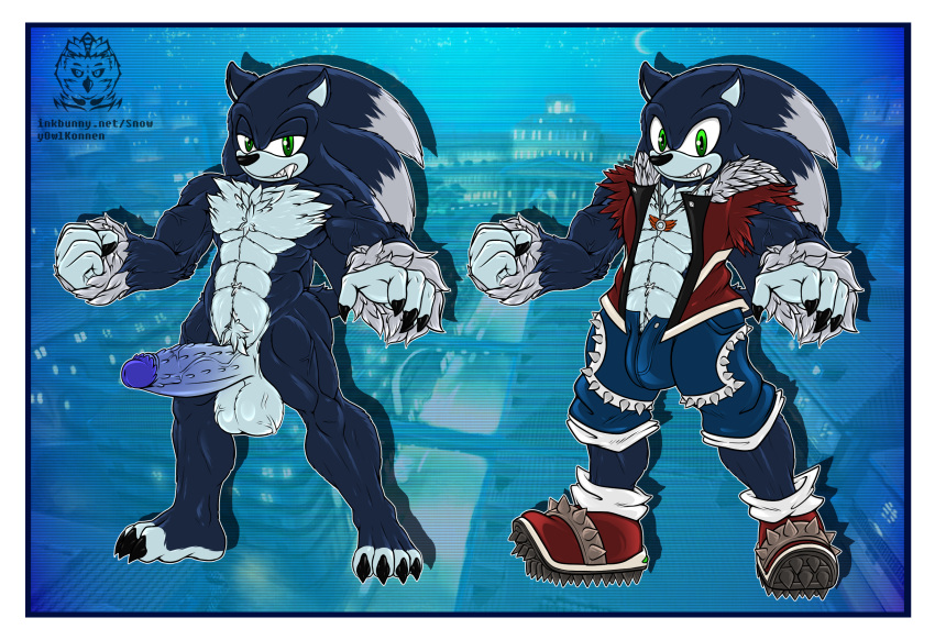 1boy abs big_balls big_penis bulge chest_tuft clothing dark_blue_fur dark_blue_hair fully_clothed green_eyes hand_tuft hedgehog male male_only muscular_anthro muscular_male naked necklace pointy_ears reference_image sega sharp_nails sharp_teeth sharp_toenails shorts snowyowlkonnen solo solo_male sonic_(series) sonic_the_werehog sonic_unleashed spiked_clothing spiked_penis veiny_balls veiny_muscles vest watermark werehog white_fur