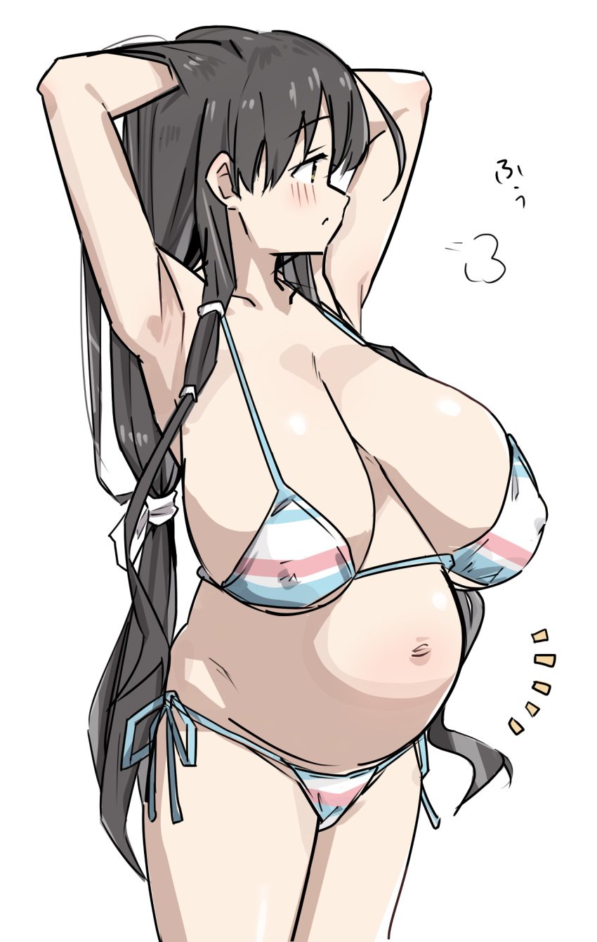 armpits arms_up big_breasts bikini dark_hair female female_only huge_breasts iwato_kasumi long_hair momoiro_tunozemi nipple_bulge pale-skinned_female pregnant sagging_breasts saki side-tie_bikini solo swimsuit very_long_hair